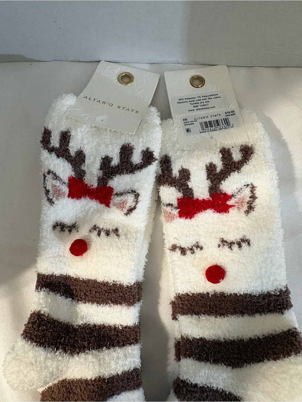 Altar'd State White Reindeer Plush Socks Red Bow women’s OS fuzzy 2 pair NWT